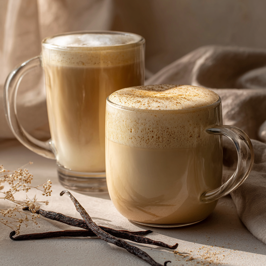 Two glass mugs filled with a creamy beverage, possibly latte or cappuccino, on a neutral background with vanilla beans.
