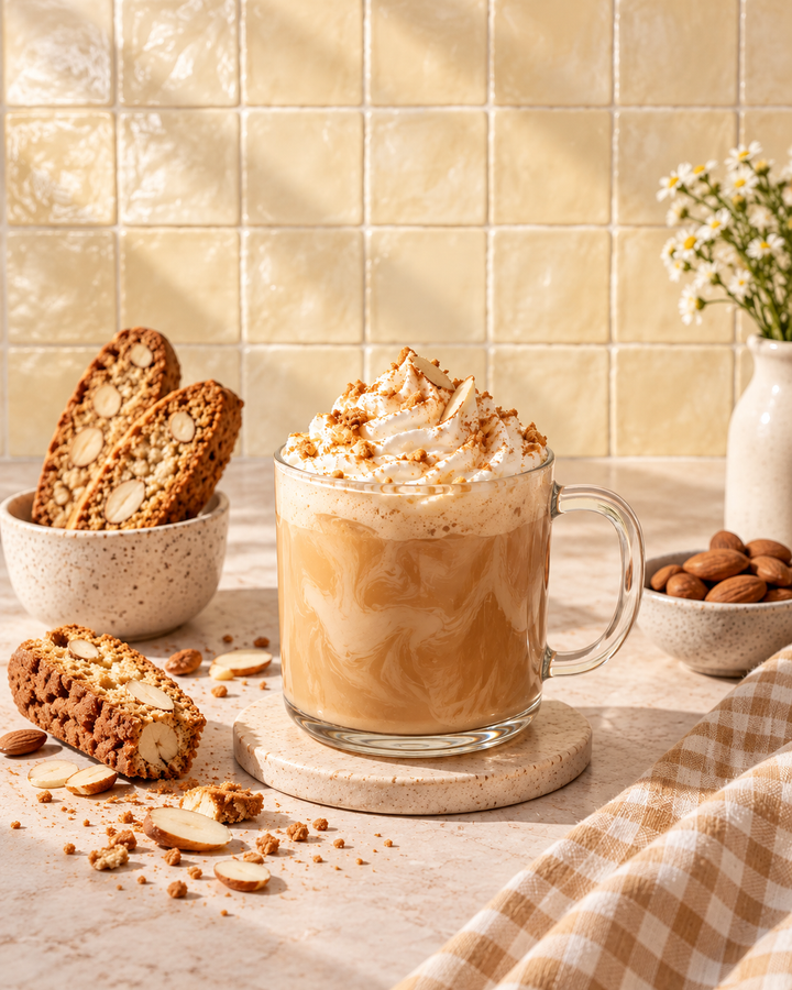 Almond biscotti black tea latte with biscoti around it