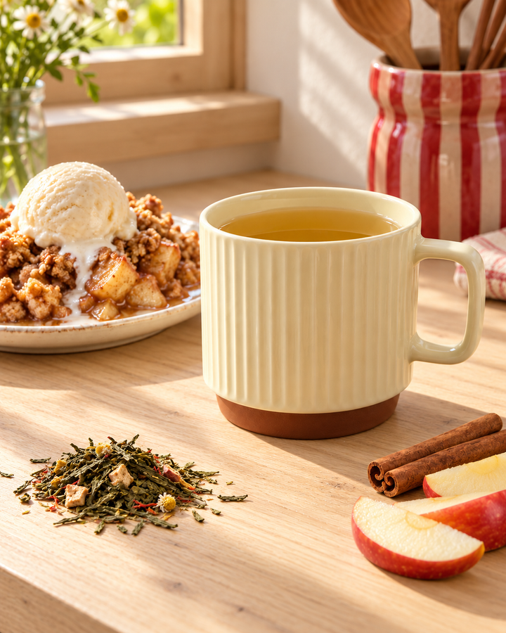 A cream-colored ribbed ceramic mug with a brown base, filled with a apple crumble green tea by tealish, set on a wooden table next to a plate of apple crumble dessert, cinnamon sticks, apple slices, and loose tea leaves.