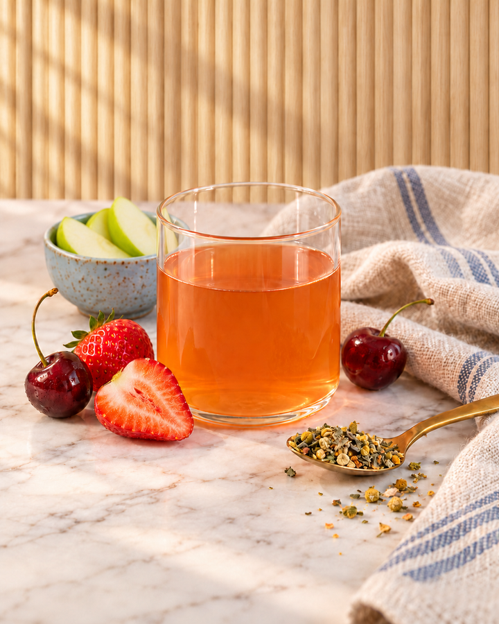 A clear glass filled with amber-orange herbal tea sits on a marble surface, surrounded by fresh strawberries, cherries, a small bowl of green slices, a spoonful of loose dried herbs, and a striped cloth, with a slatted wood background.