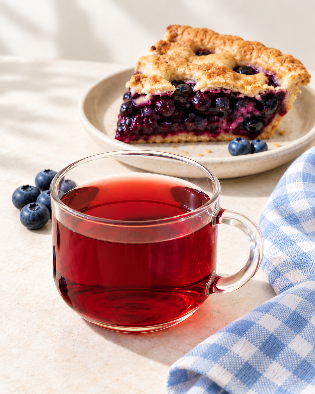 A clear glass mug filled with deep red berry tea sits in the foreground on a light surface, with a slice of blueberry pie on a plate and loose blueberries in the background. A blue-and-white checkered cloth is visible on the right.