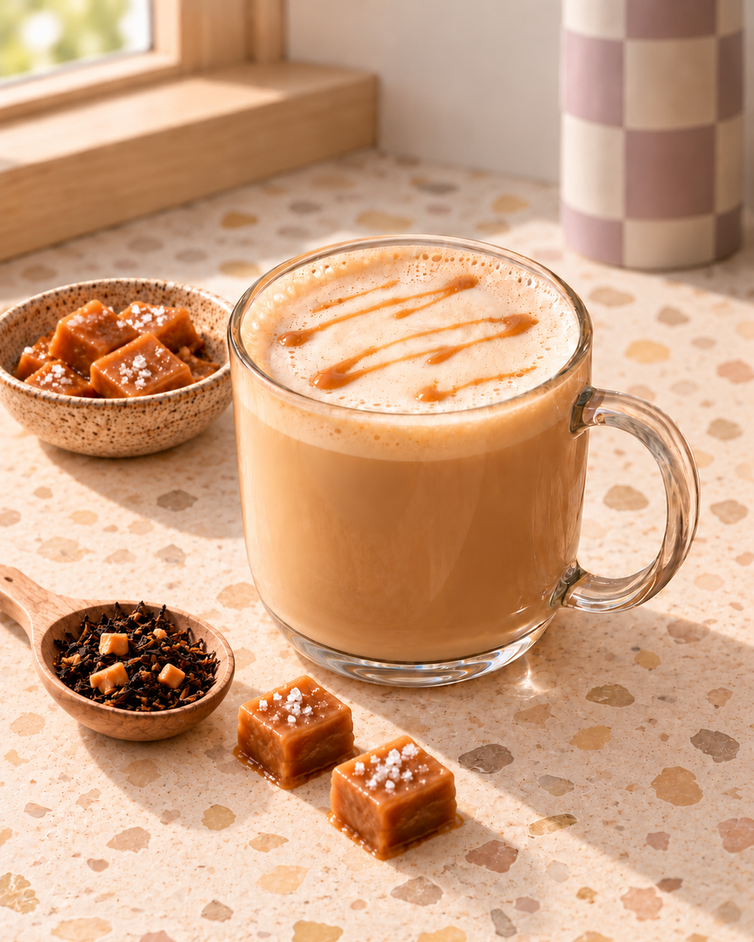 A clear glass mug filled with a frothy caramel drink sits on a speckled countertop beside small bowls of caramel candies and a spoonful of dark tea. Warm natural light from a nearby window highlights the drink and ingredients.