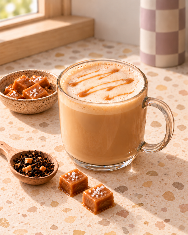 A clear glass mug filled with a frothy caramel drink sits on a speckled countertop beside small bowls of caramel candies and a spoonful of dark tea. Warm natural light from a nearby window highlights the drink and ingredients.