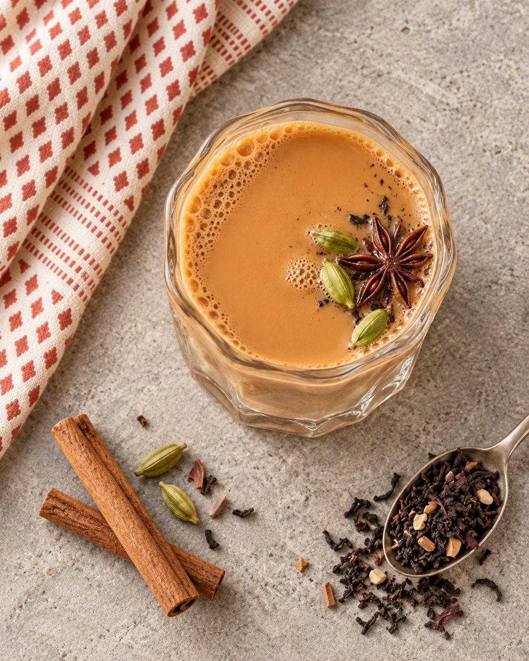 A glass of frothy chai latte topped with star anise and green cardamom pods, styled on a gray surface with cinnamon sticks, loose tea, and a patterned cloth.