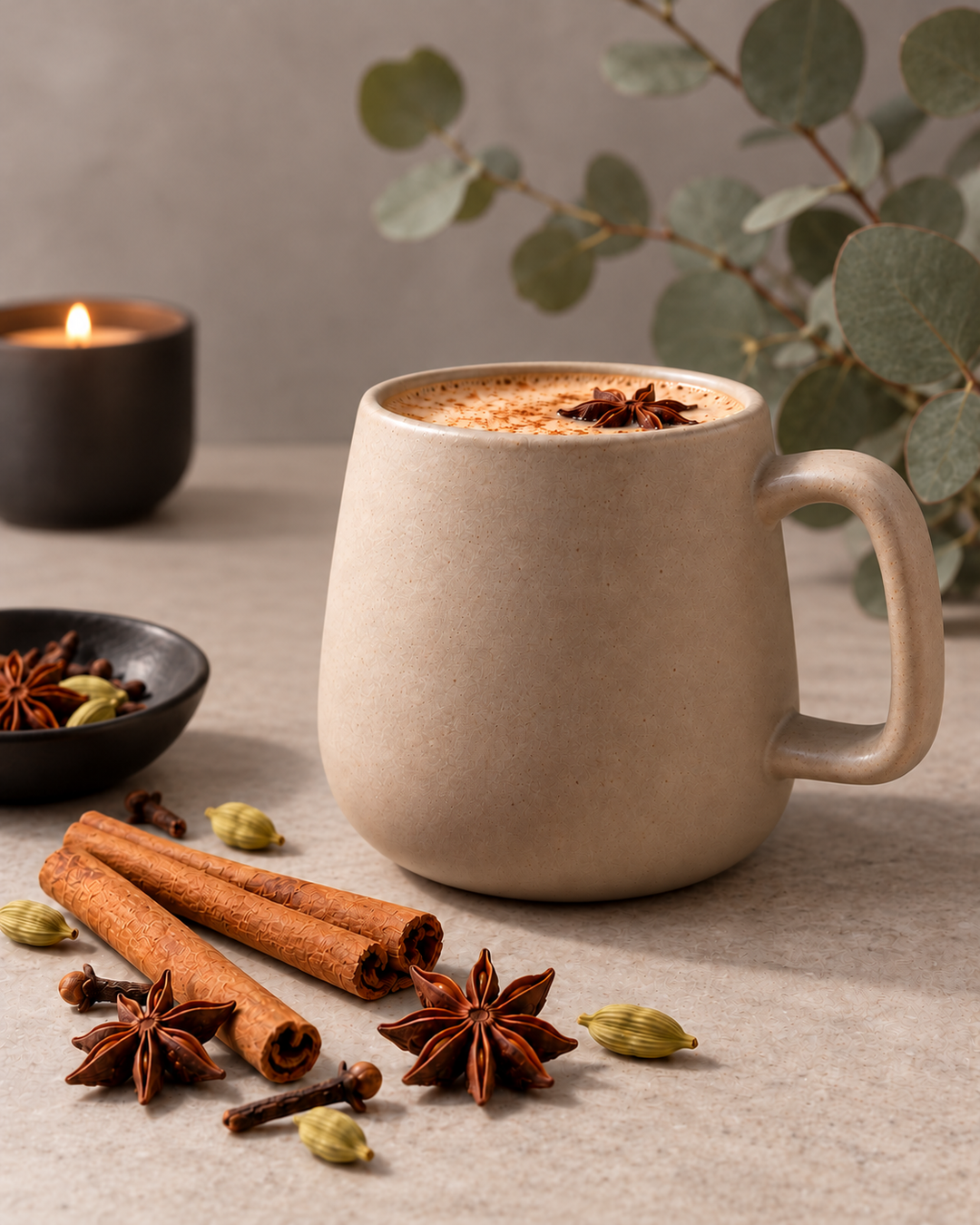 A matte beige ceramic mug filled with a frothy hot drink topped with cinnamon and star anise, styled on a tabletop with cinnamon sticks, star anise, green cardamom pods, a lit candle, and eucalyptus leaves in the background.