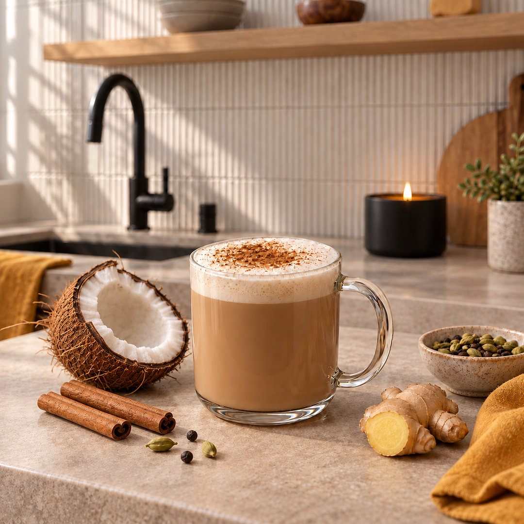 coconut cream chai in a clear glass mug in a modern kitchen