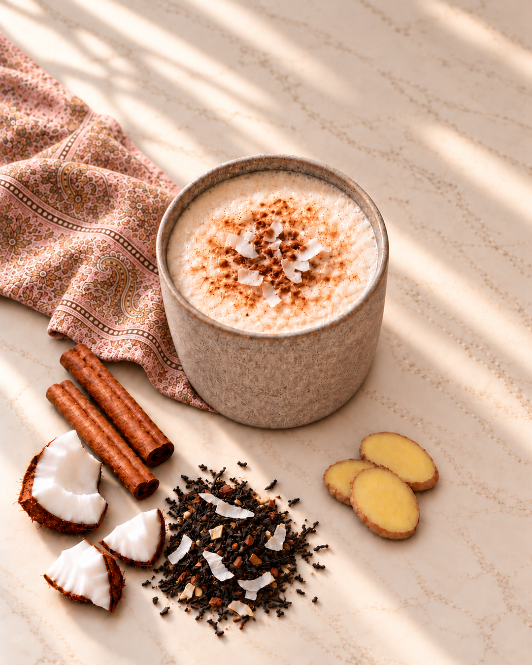 A textured beige ceramic mug filled with a chai latte drink topped with cocoa powder and coconut flakes, styled on a light stone surface with cinnamon sticks, coconut pieces, ginger slices, and loose tea ingredients beside a pink patterned cloth.