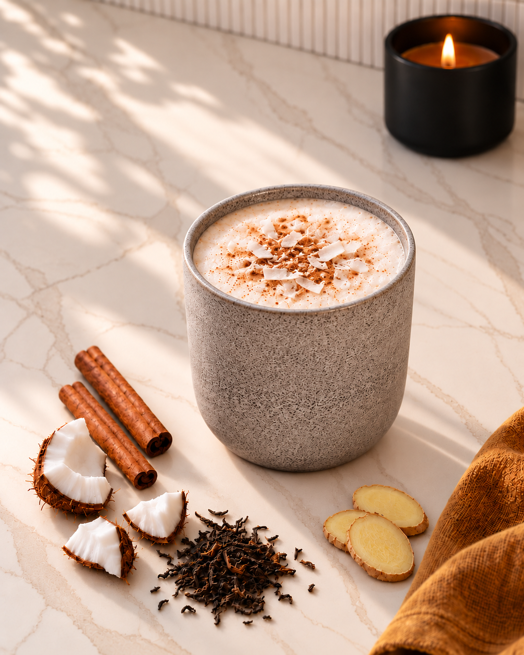 A frothy chai tea latte in a speckled gray ceramic mug, topped with cocoa powder, styled on a marble surface with cinnamon sticks, coconut halves, tea leaves, ginger slices, and a lit candle in the background.