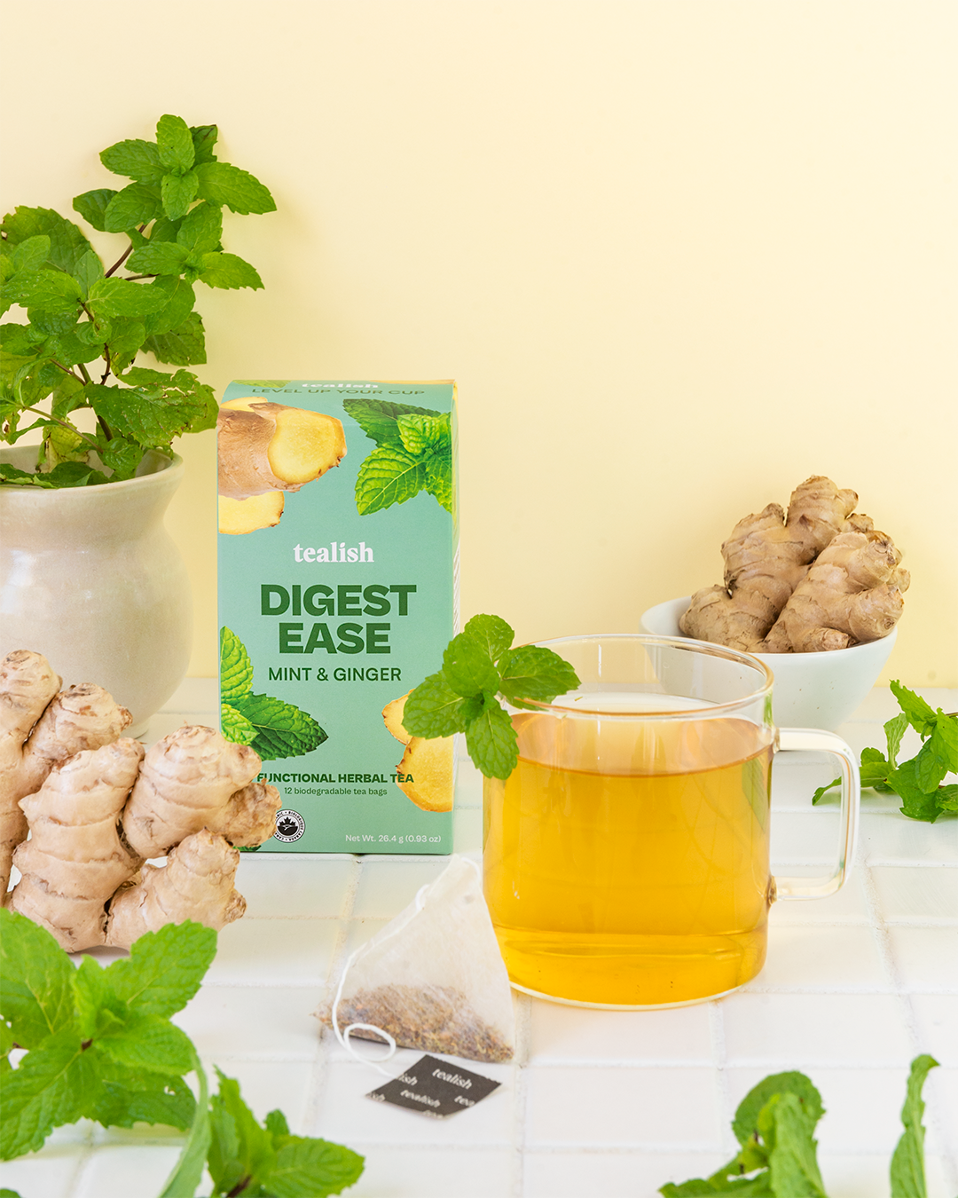tealish organic digestion tea, mint tea, ginger tea, anti-bloat tea, tea for bloating. Digest ease tea bags. 