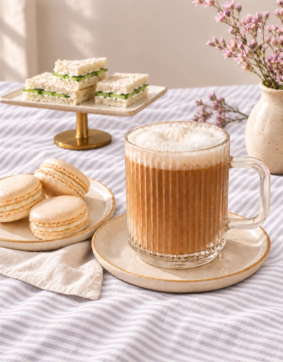 A clear ribbed glass mug filled with a frothy london fog tea latte sits on a matching saucer on a striped tablecloth, with macarons and sandwich slices in the background.