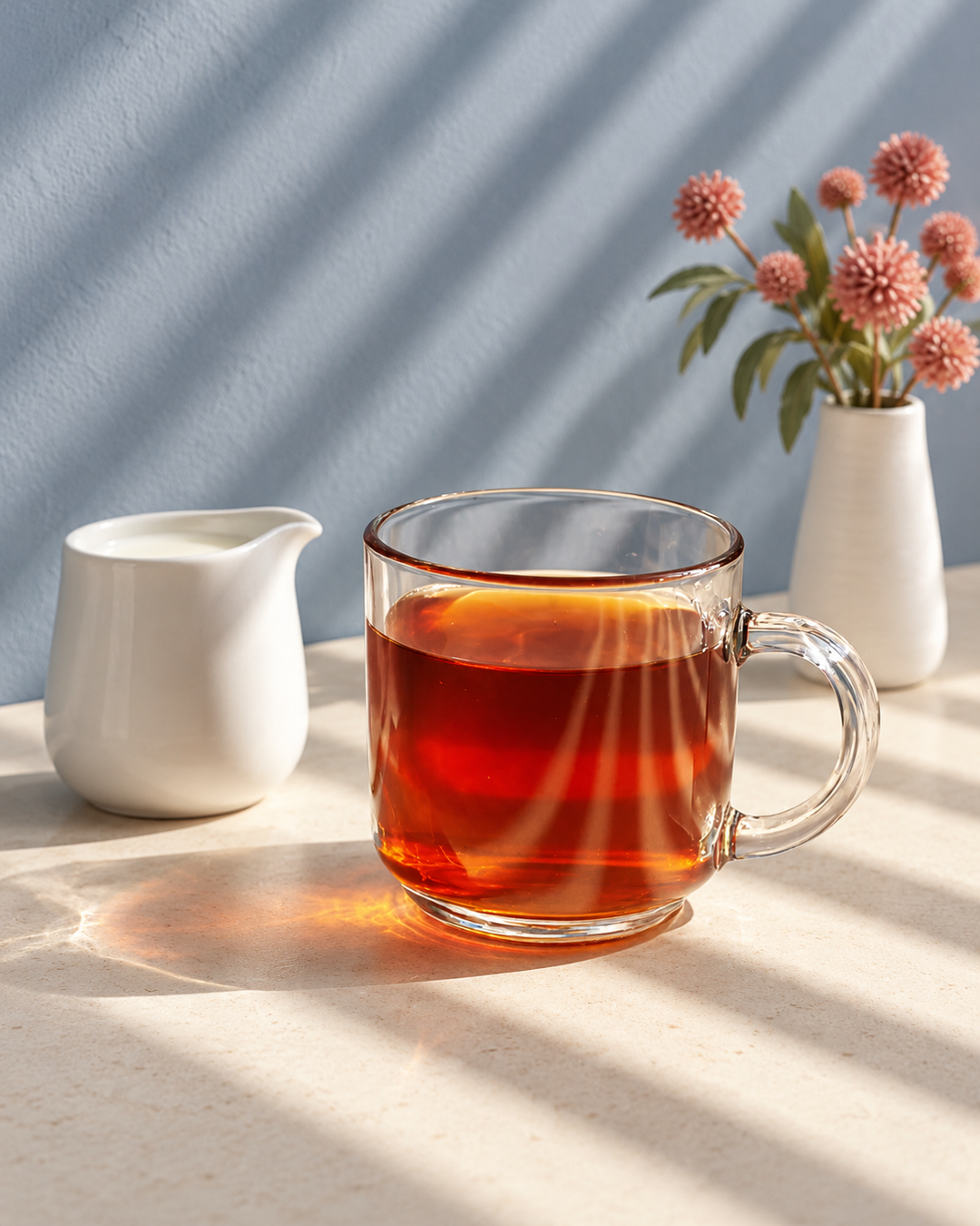 A clear glass mug filled with decaf earl grey tea sits on a light stone surface, with a small white pitcher and a vase of pink flowers in the background. Sunlight casts diagonal shadows across the scene.