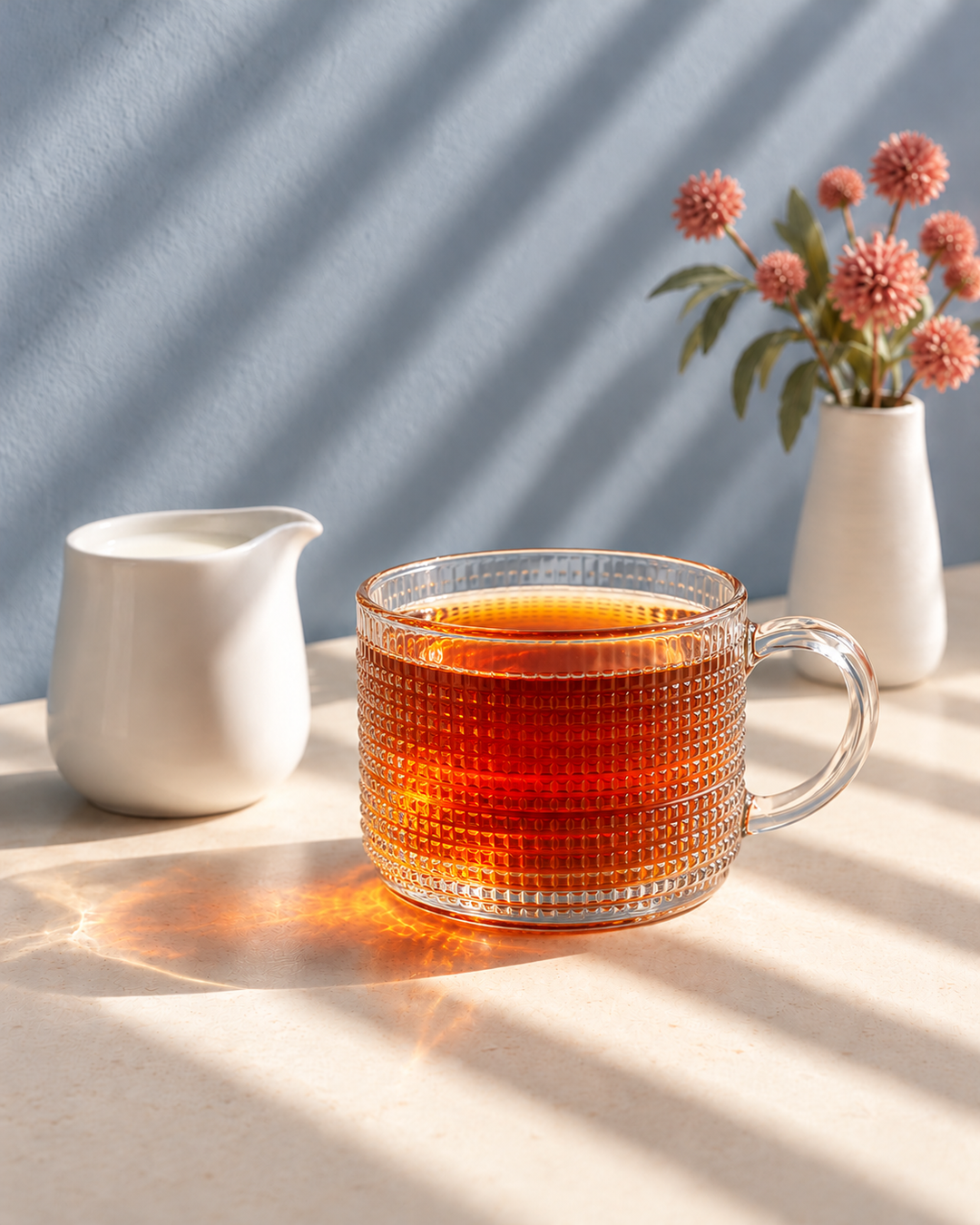 earl grey decaf tea in clear glass with flowers in background