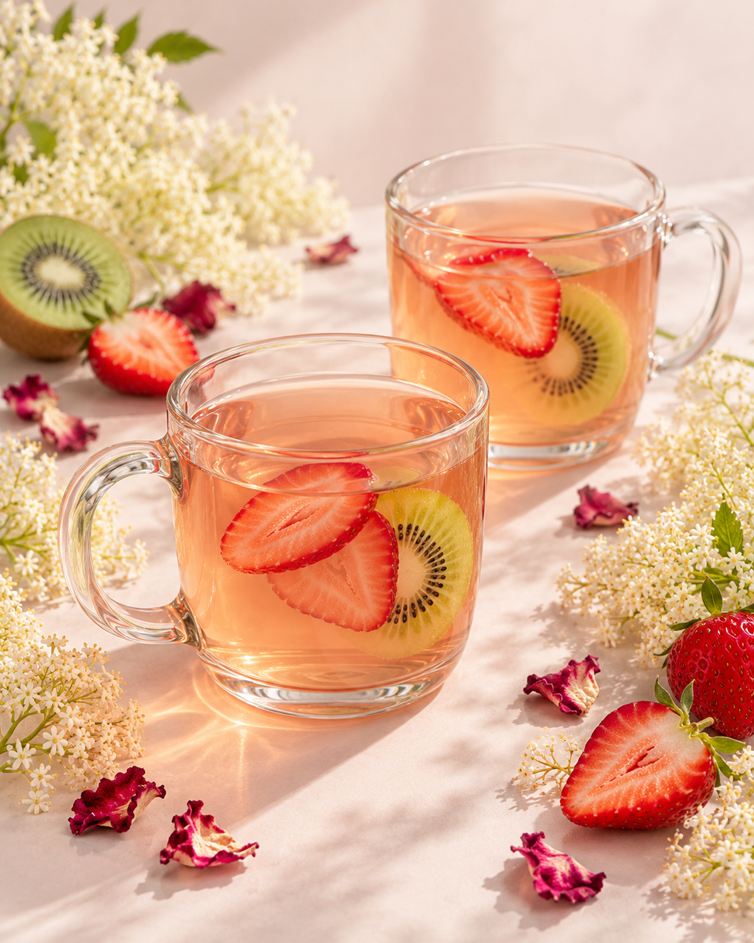Two clear glass mugs filled with a light pink herbal tea, each floating with a sliced strawberry and a kiwi slice, styled with fresh strawberries, kiwi, white flowers, and scattered rose petals on a warm beige surface.