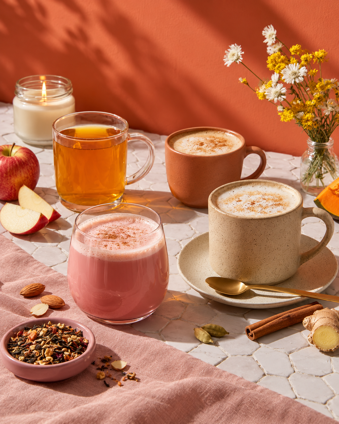 Four warm beverages arranged on a table with autumn-themed props: a pink drink in a clear glass, an amber drink in a clear glass mug, a frothy latte in a terracotta mug, and a beige latte in a speckled ceramic mug on a saucer. Apples, cinnamon, ginger, tea bags, a candle, and wildflowers are visible against a terracotta backdrop.