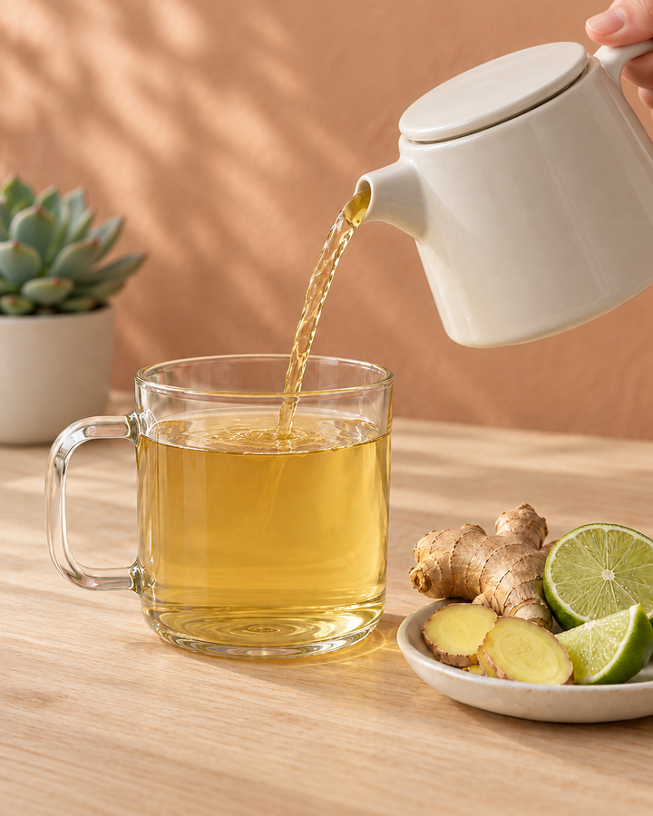 Golden ginger lime green tea being poured from a white ceramic teapot into a clear glass mug on a wooden table, with ginger roots, sliced ginger, and lime wedges nearby.