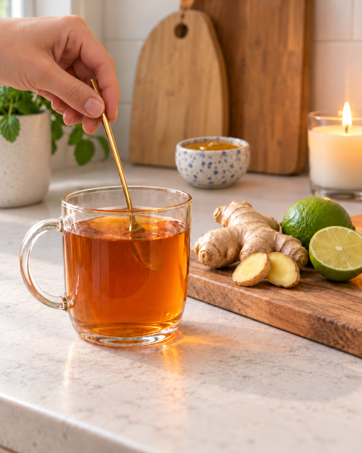 A clear glass mug filled with amber tea sits on a light countertop, with a hand holding a gold spoon stirring the drink. Slices of ginger, a lime, and a small bowl are arranged on a wooden board beside it, with a lit candle in the background.