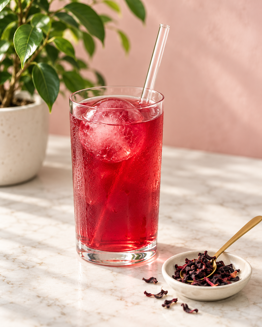 A tall clear glass filled with a bright red beverage and a large ice sphere, set on a light marble surface with a small dish of dried red botanicals and a gold spoon beside it. A potted green plant and a soft pink wall are in the background.