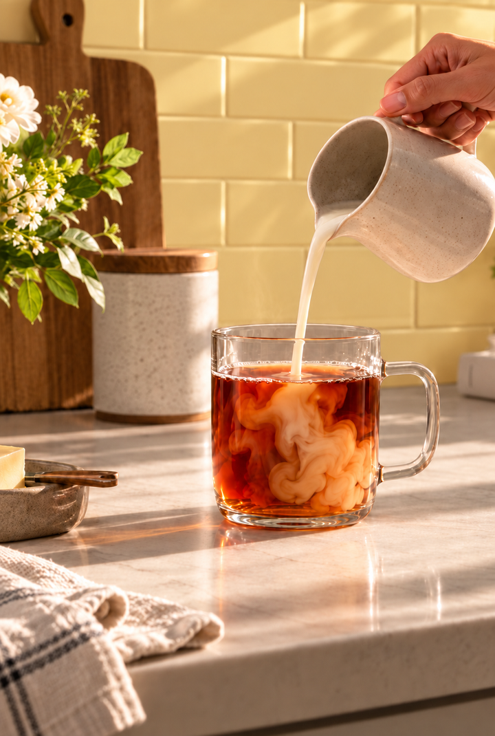 A hand pours a creamy off-white liquid from a speckled ceramic pitcher into a clear glass mug filled with amber tea, set on a kitchen counter with a yellow tile backsplash in the background.