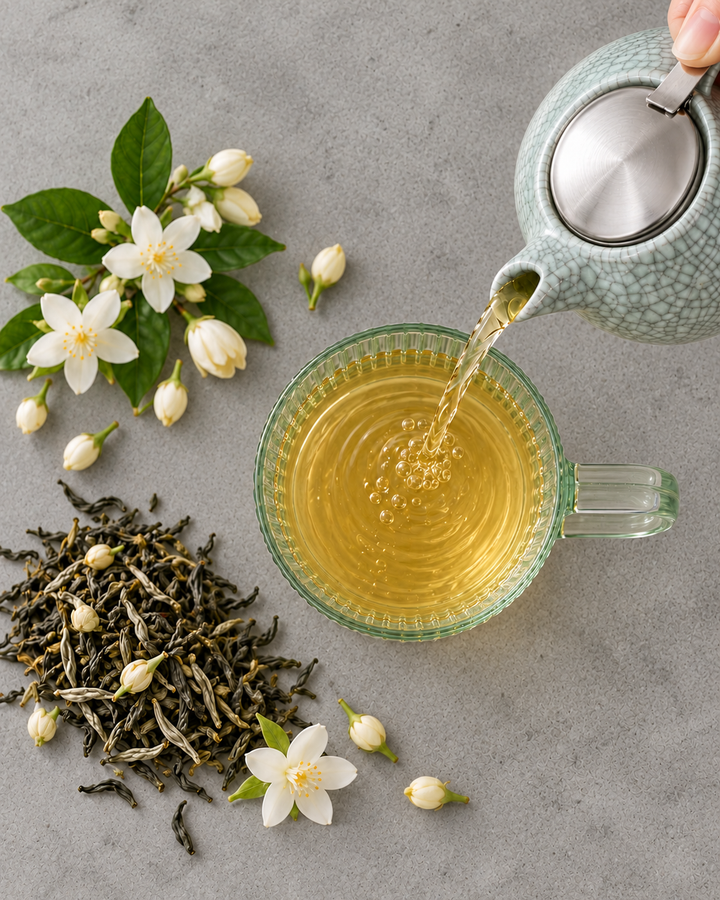A hand pours golden tea from a light blue-green crackle teapot into a clear glass cup. A glass teacup filled with tea sits on a gray surface, surrounded by loose tea leaves, white jasmine flowers, and buds.