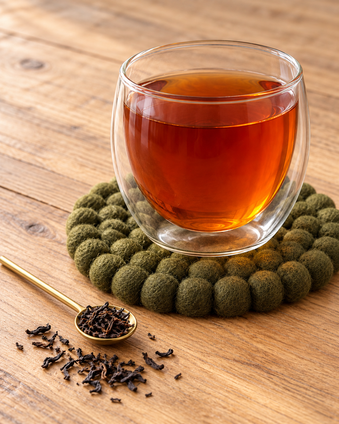 A clear double-walled glass cup filled with ceylon tea, set on a round green pom-pom coaster on a wooden table, with a small gold spoon holding loose tea leaves nearby. 