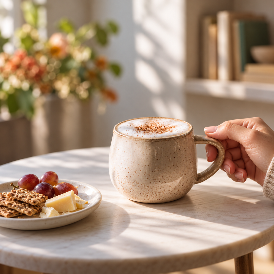 la creme tea latte in a cozy mug next to a plate of cheese and grapes