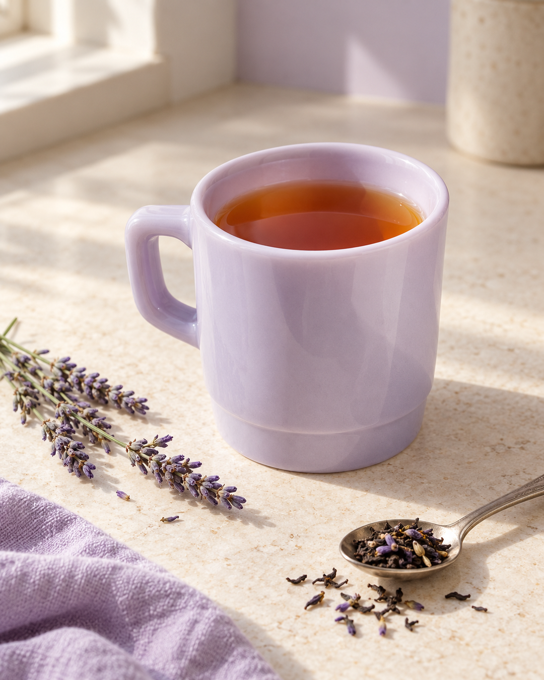 A light lavender ceramic mug filled with amber tea sits on a sunlit beige countertop, styled with lavender sprigs, loose tea leaves, and a purple cloth.