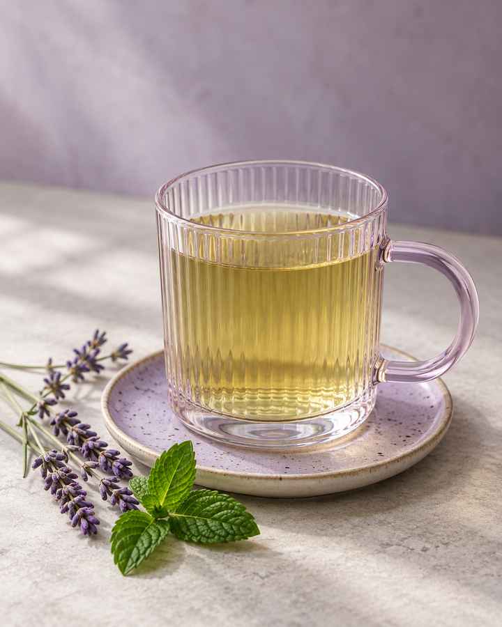 A clear ribbed glass mug filled with lavender mint green tea, set on a speckled lavender saucer with lavender sprigs and mint leaves on a light stone surface.