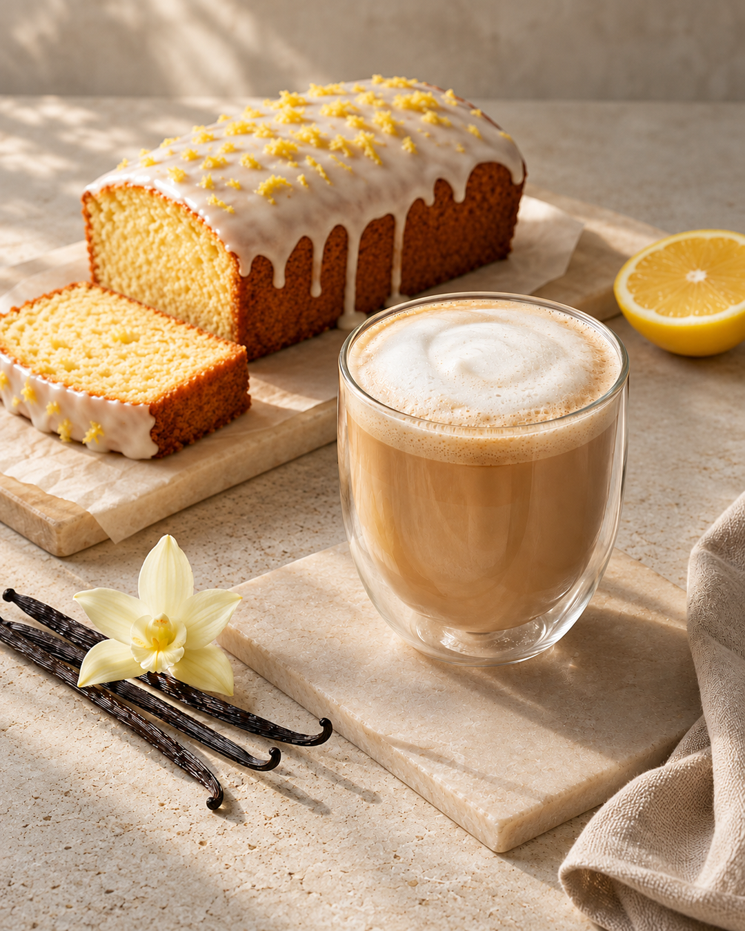A styled food scene on a stone surface with a loaf of lemon cake, a slice, and a glass of a lemon cream tealish tea latte. A lemon half, vanilla beans, a vanilla flower, and beige cloth are arranged around it in warm natural light.
