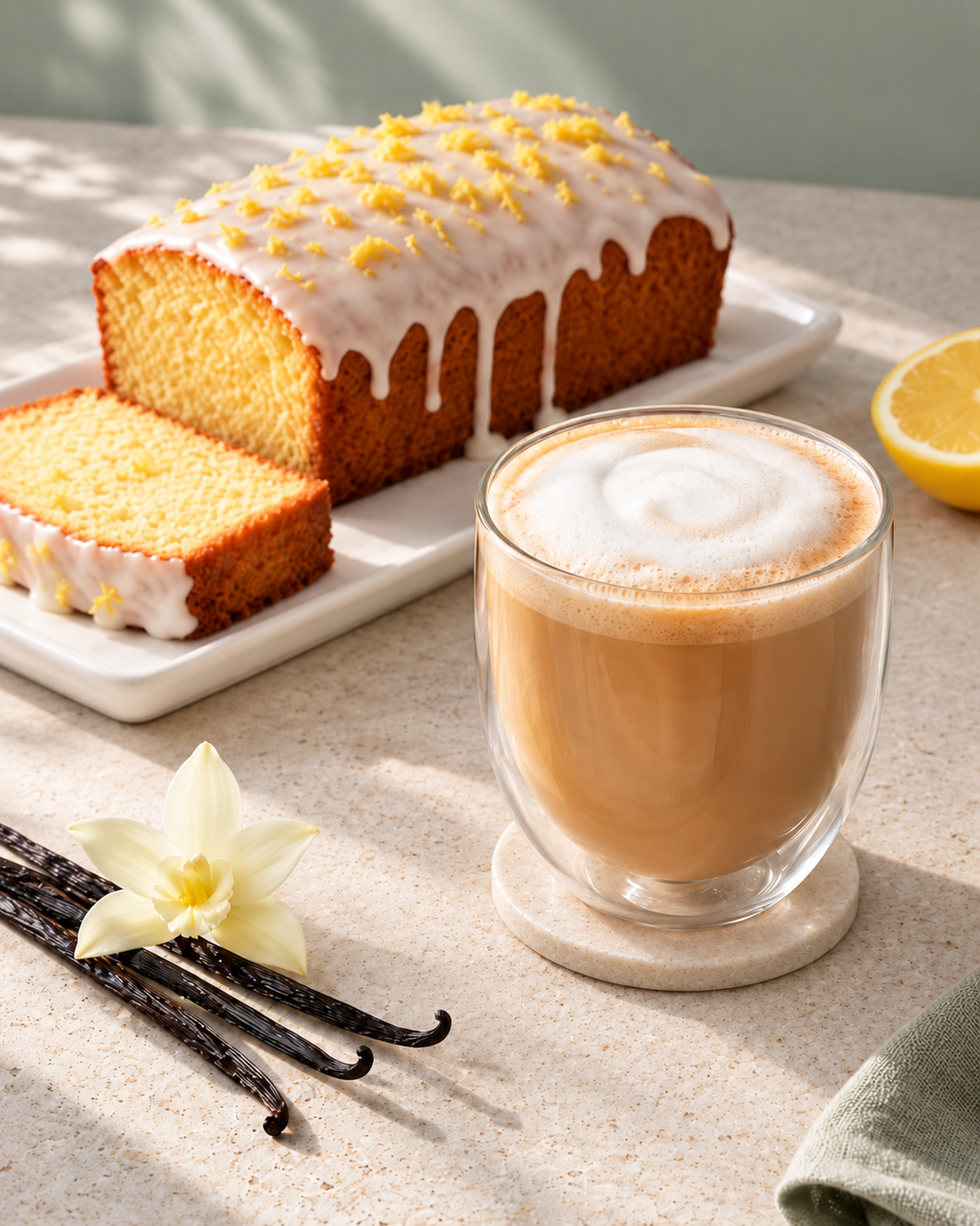 A glass of a tea latte with foam on a coaster, set beside a loaf of lemon cake with white icing and a slice on a white platter. Vanilla beans and a flower are in the foreground on a light stone surface.