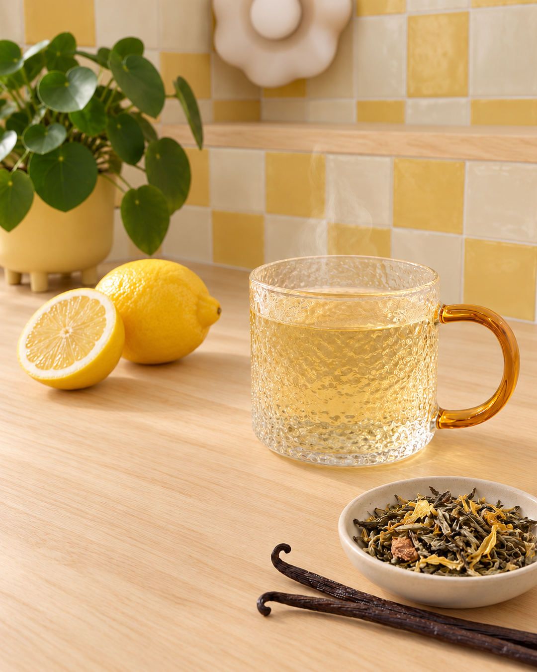 A clear textured glass mug with a gold-toned handle filled with lemon white tea, set on a light wood countertop beside lemons, vanilla beans, and a small bowl of loose tea leaves. A potted green plant and a yellow-and-white tiled backsplash are visible in the background.
