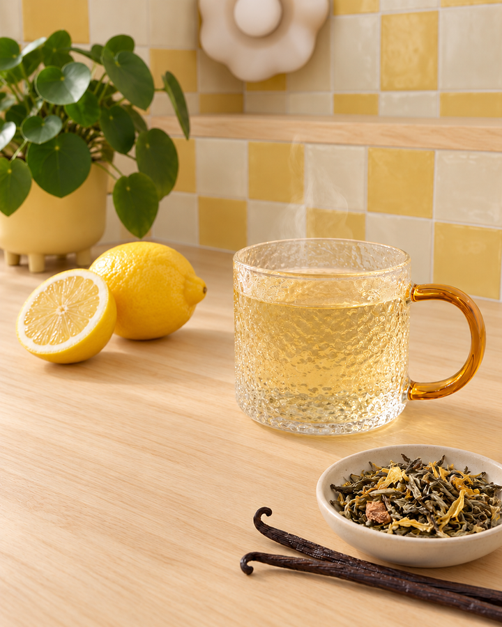 A clear textured glass mug with a gold-toned handle filled with lemon white tea, set on a light wood countertop beside lemons, vanilla beans, and a small bowl of loose tea leaves. A potted green plant and a yellow-and-white tiled backsplash are visible in the background.