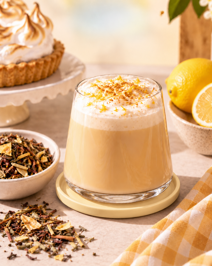 A frothy lemon meringue tea latte in a clear glass tumbler sits on a round coaster, styled with lemon slices, loose tea, and a meringue tart in a warm, softly blurred kitchen setting.