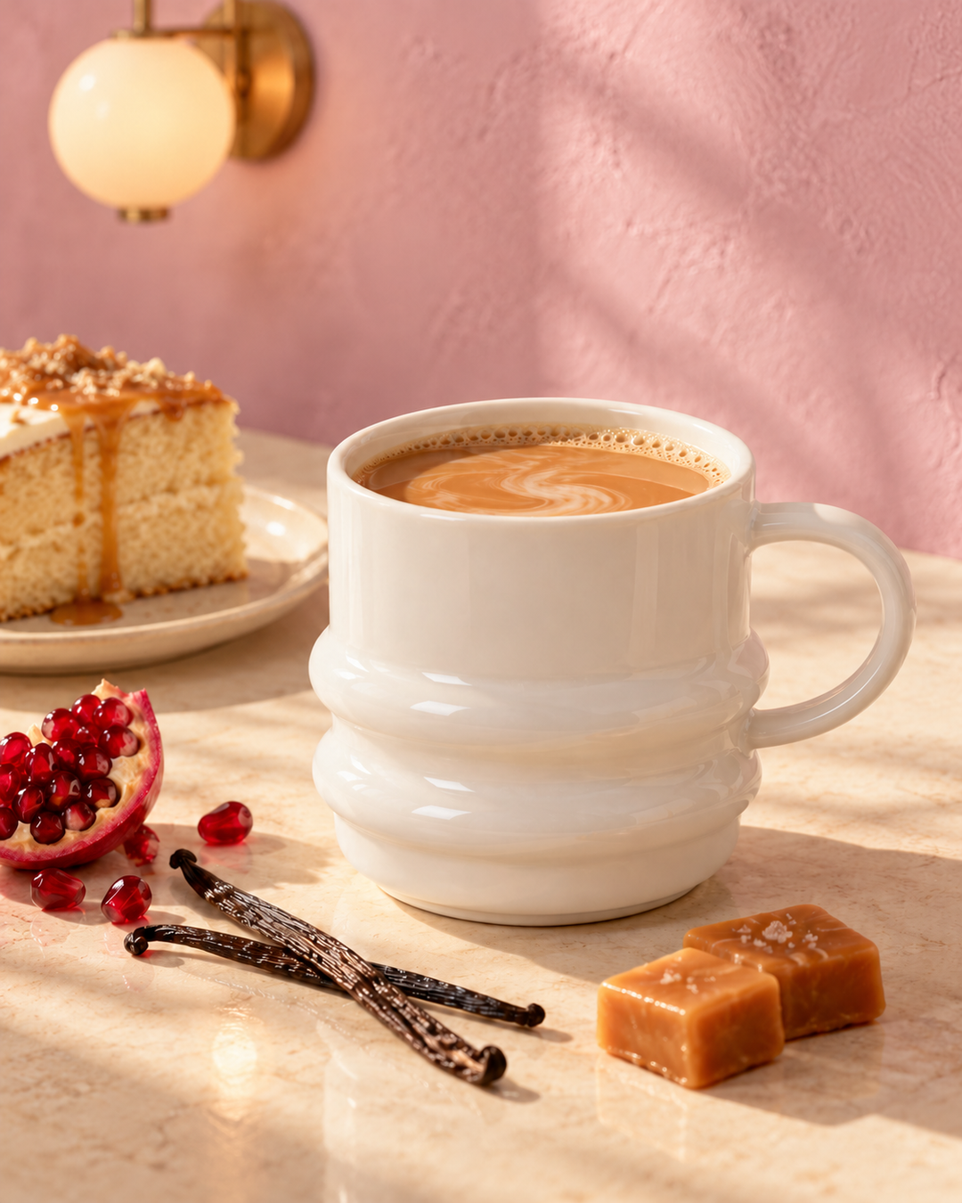 black tea in a mug on a counter with cake and pomegranates near by
