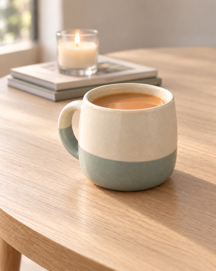 A ceramic mug with a two-tone design, featuring a warm cream upper half and a muted sage green lower half, filled with tea on a light wood table. In the softly blurred background, a lit candle sits on a stack of books.