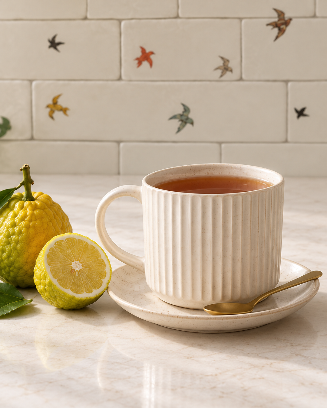 A ribbed ceramic teacup filled with earl grey tea tea on a matching saucer, styled with a gold spoon, a whole and halved yellow citrus fruit, and green leaves on a marble surface. The background features a white subway tile wall with small bird decals.