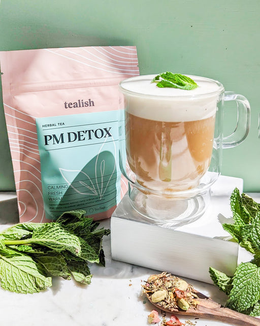 tealish pm detox herbal tea. loose leaf tea with peppermint and spearmint. tea for digestion. tea for calming. bedtime tea. sleep tea. 