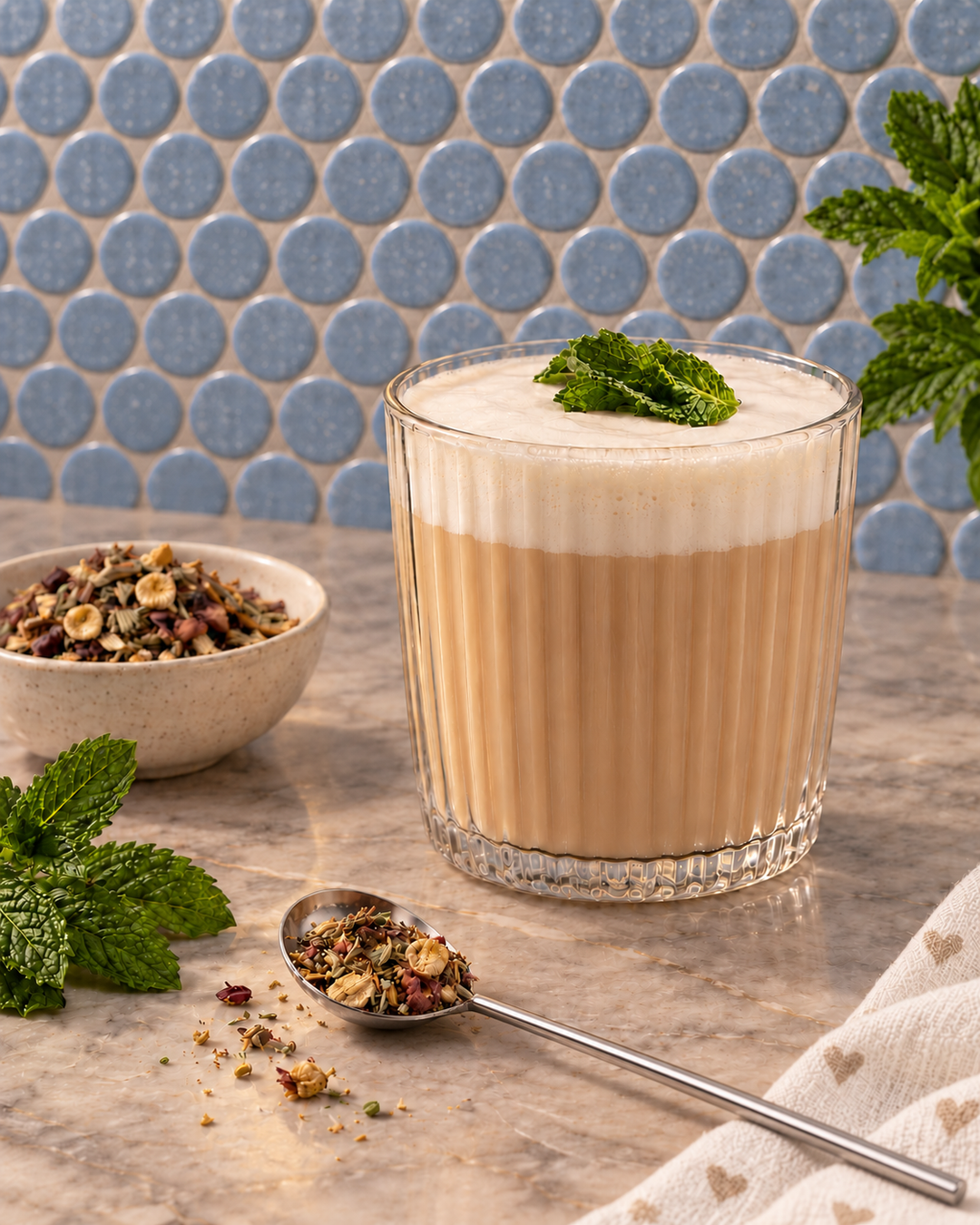 A frothy tea latte drink in a clear ribbed glass, topped with mint leaves, set on a countertop with a small bowl of dried fruit pieces, a spoonful, and mint leaves against a blue mosaic tile background.