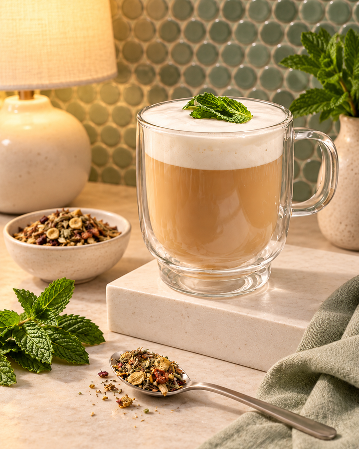 A clear glass mug filled with a layered latte topped with whipped cream and mint, styled on a marble surface with loose herbal tea in a spoon and bowl, a lamp, green leaves, and a folded cloth in a warm indoor setting.