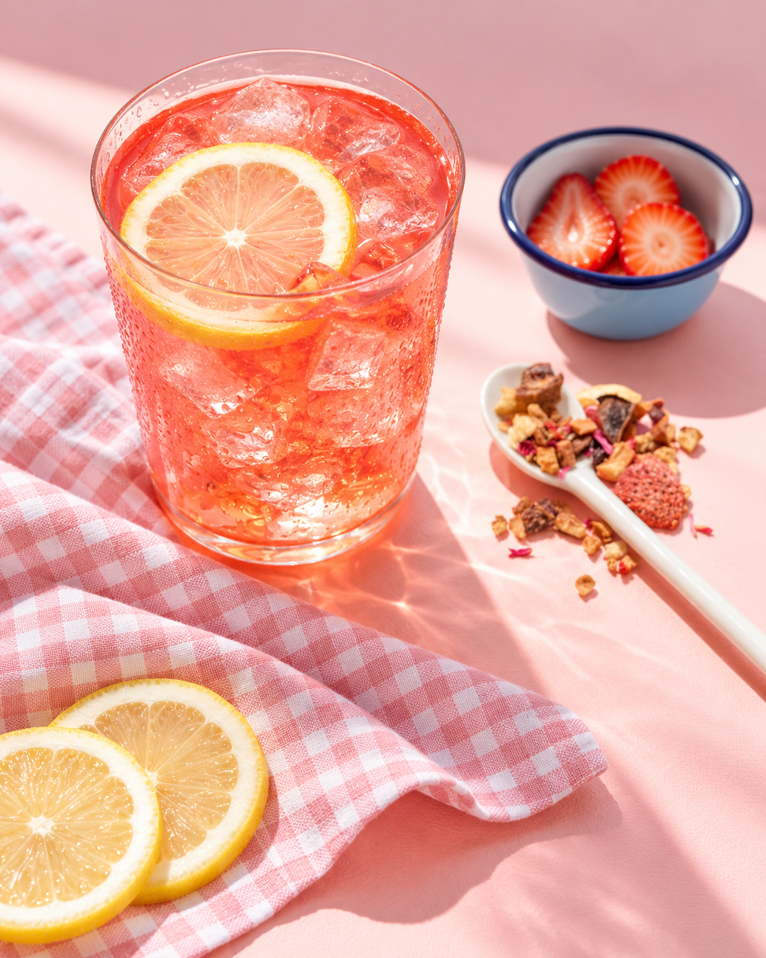 A pink iced drink in a clear glass with a lemon slice, styled on a pink surface with a red-and-white checkered napkin, lemon slices, a small bowl of strawberry slices, and a spoonful of dried fruit mix.