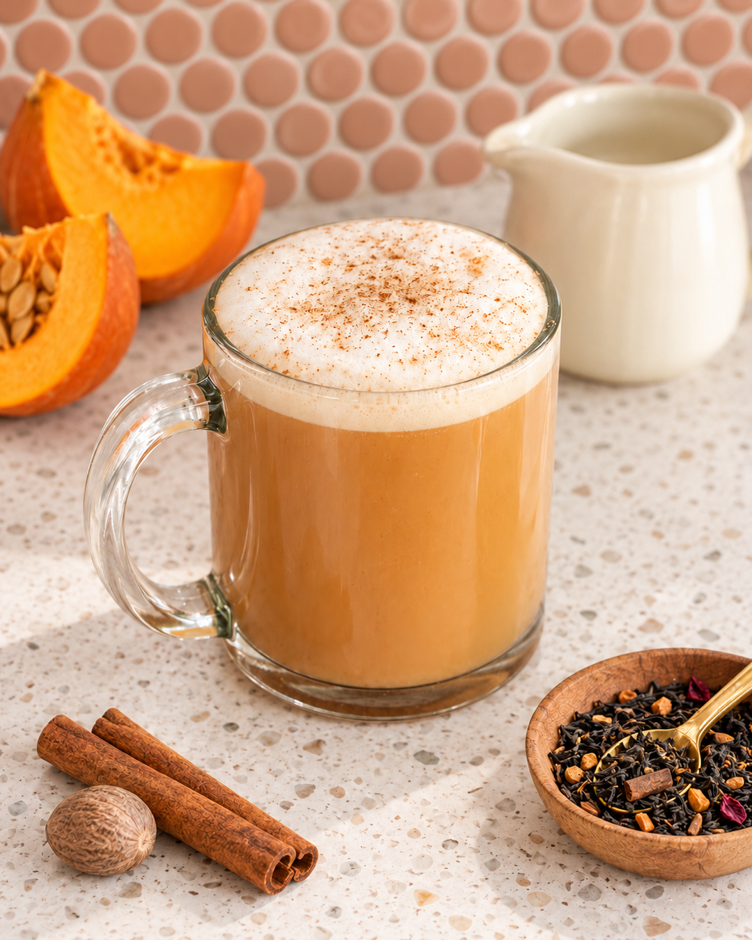 A frothy pumpkin spice chai tea latte in a clear glass mug, topped with whipped cream and a sprinkle of cinnamon, set on a speckled countertop with pumpkin slices, cinnamon sticks, a nutmeg, and a small bowl of loose tea.