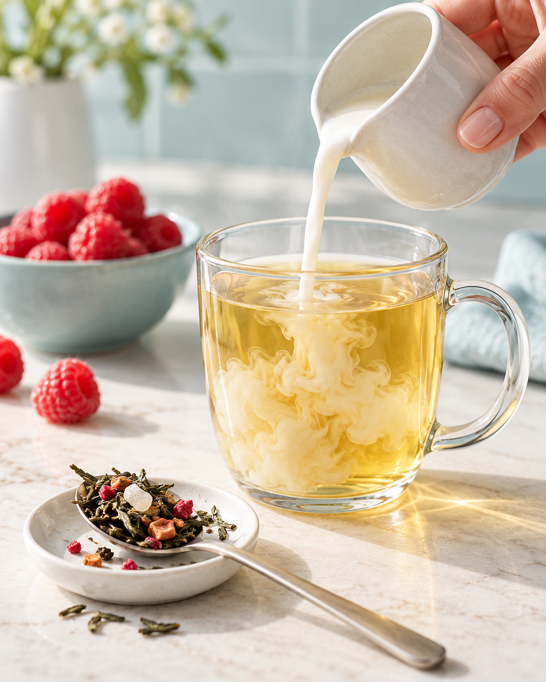 A clear glass mug filled with pale golden tea sits on a light marble surface, with milk being poured from a small white pitcher into the mug. A spoon with loose tea leaves rests beside it, and a bowl of fresh raspberries is blurred in the background.