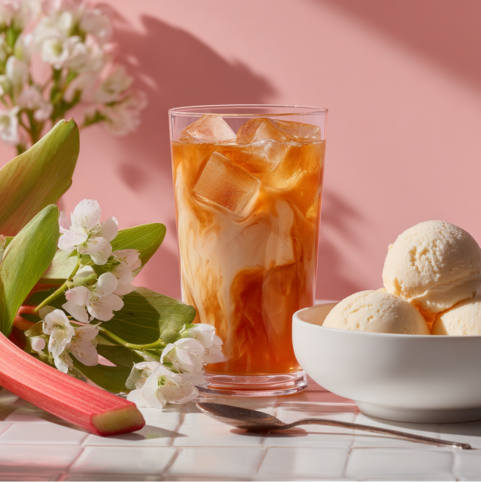 Glass of iced rooinps with ice cream and flowers on a pink background