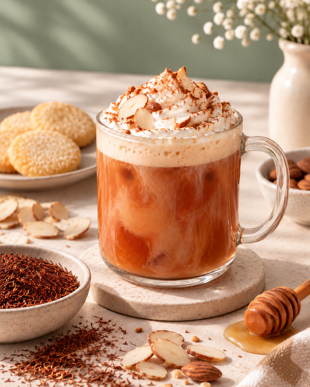 A clear glass mug filled with an iced coffee drink topped with whipped cream and cocoa powder, set on a stone coaster with cookies, sliced almonds, a bowl of loose cocoa powder, a honey dipper, and a soft green background.