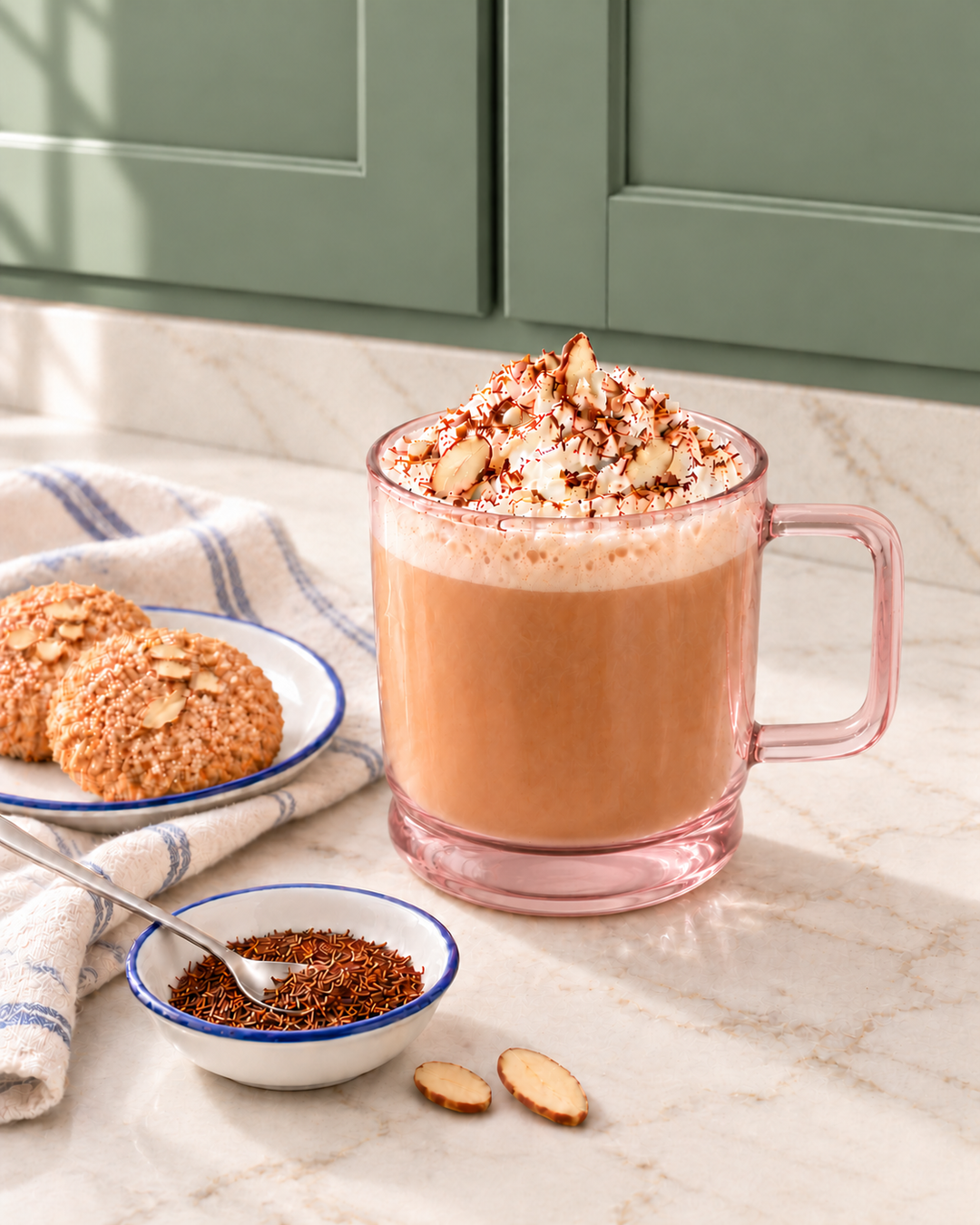 A pink glass mug filled with a frothy hot rooibos tea latte topped with sliced almonds and cocoa powder, set on a marble countertop with cookies, a small bowl of cocoa powder, and green cabinets in the background.