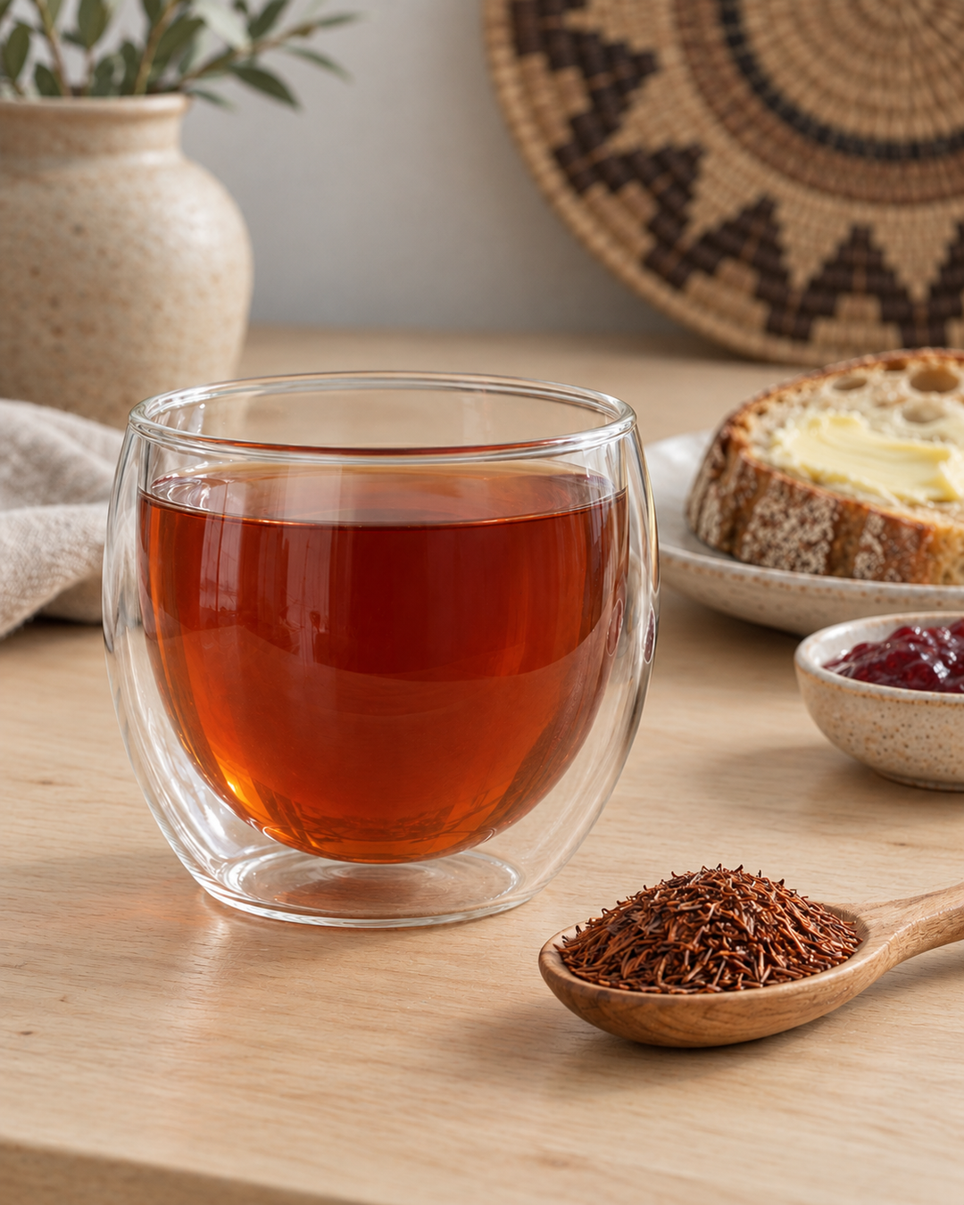 Rooibos tea in a glass mug at breakfast table