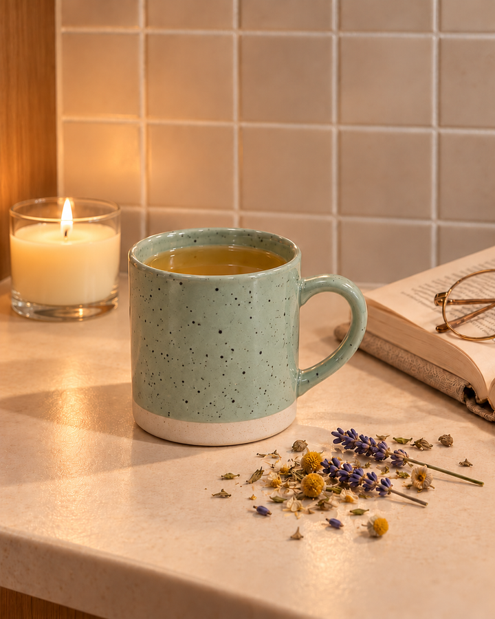 A speckled light blue-green ceramic mug filled with tea sits on a countertop beside a lit candle, an open book, and dried flowers. The background shows beige tiled walls.