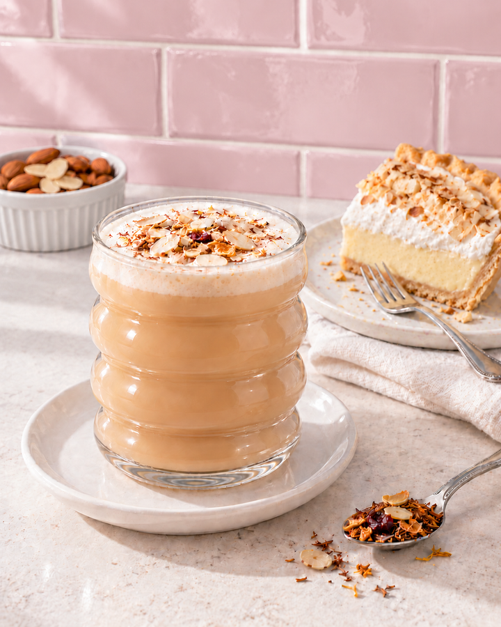 A frothy tan beverage in a ribbed clear glass with a whipped cream top and nut topping, set on a white saucer on a kitchen counter. A slice of layered cake, almonds, and a spoon with topping are nearby, with pink tile backsplash in the background.