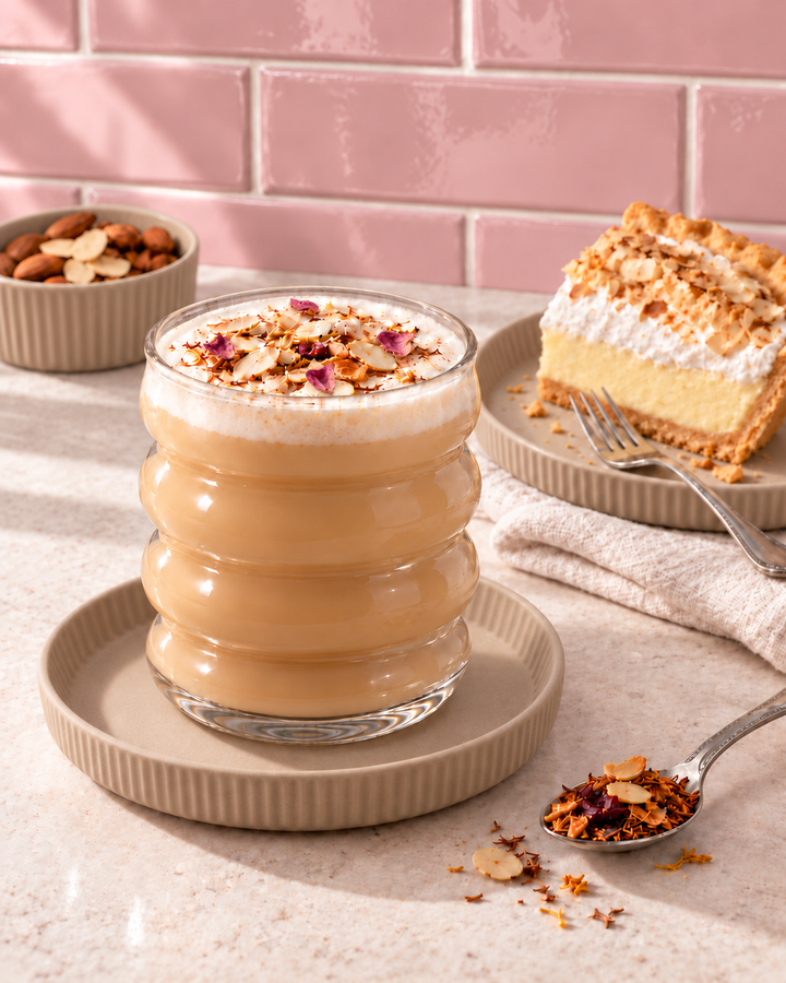 A layered caramel latte in a ribbed clear glass, topped with whipped cream and dried fruit pieces, set on a beige coaster. A slice of pumpkin pie and almonds are visible in the background on a pink tiled countertop.
