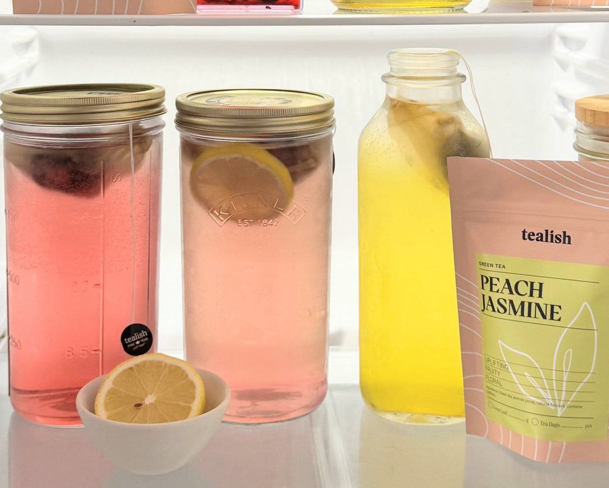 Tea bags and drinks on a shelf with visible branding