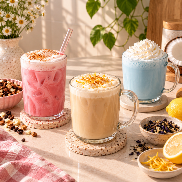 Three colorful iced and iced-cooled drinks in clear glass mugs with handles, arranged on round coasters on a tabletop. The center mug contains a light beige drink topped with caramelized sugar crystals, the left mug contains a pink drink with a straw, and the right mug contains a light blue whipped drink.